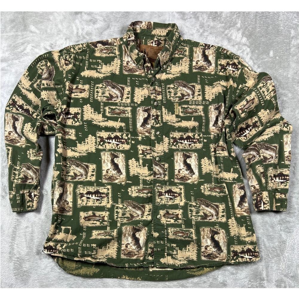 Outdoor Life Fishing XL Button Up Shirt Green Cotton Mens Angler Outdoorsman